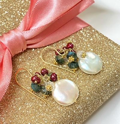 Coin Pearl & Green Moonstone Red Pearl Cluster Earrings