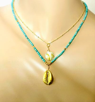 Dainty Turquoise Layering Necklace with Cowry Shell 24 kt Gold - doolittlejewelry