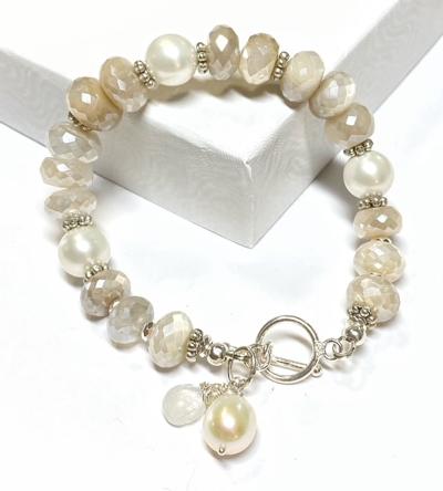 Mystic Moonstone, Pearl and Sterling Silver Layering Bracelet