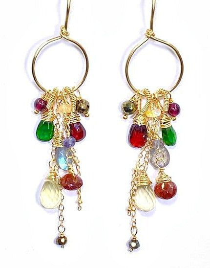 Garnet Colorful Gemstone Gold Hoop Dangle Earrings - doolittlejewelry