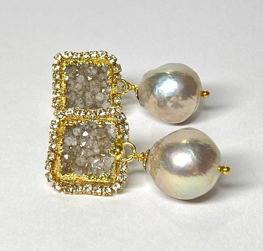 Silver Druzy Crystal and Baroque Pearl Dangle Earrings