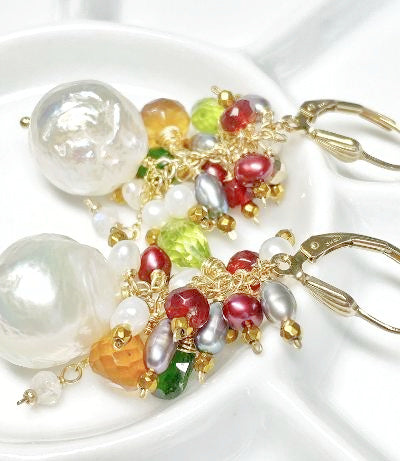 Mother of the Bride Groom earrings - Edison pearls with gemstone clusters in fall colors