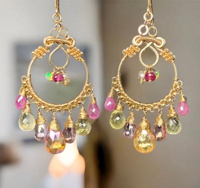 Gemstone Hoop Chandelier Earrings Gold Pastel Pink Topaz & Sapphire