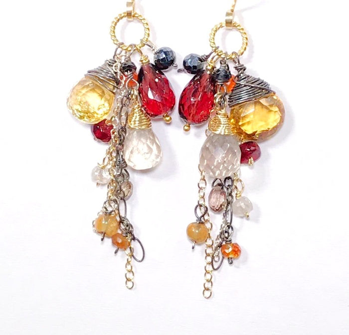 Multi Gemstone Dangle Earrings Garnet Citrine Mixed Metal - doolittlejewelry