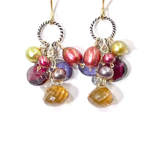 Multicolor Gemstone Dangle Earrings Iolite Garnet Pearl Mixed Metals - doolittlejewelry