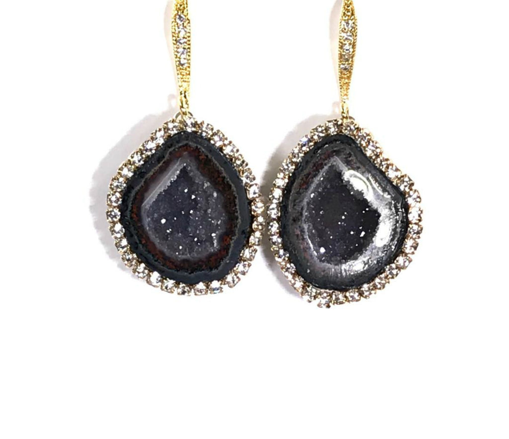 Black Tabasco Geode Earrings with Diamond Look Swarovski Crystals - doolittlejewelry