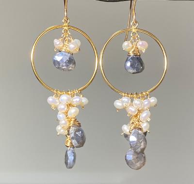 mystic grey labradorite gold fill hoop earrings pearl cluster