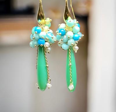 Green, Turquoise, Opal, Amazonite, Pearl Cluster Earrings Gold