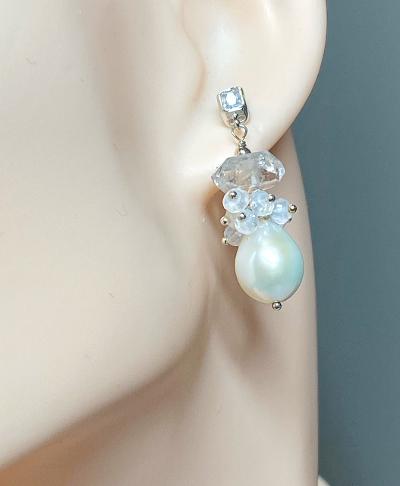 Herkimer Diamond, Edison Pearl, Moonstone Cluster Wedding Earrings