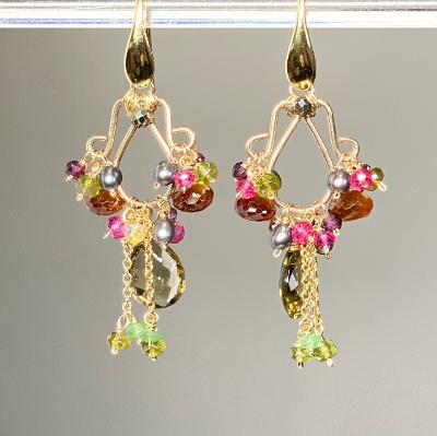 Garnet and Olive Green Gemstone Chandelier Earrings Gold
