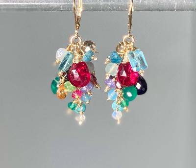 hot pink red topaz earrings with dangling cascades of colorful gemstones