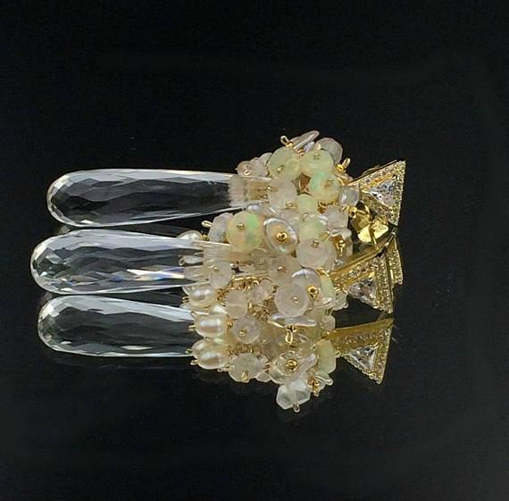 Crystal Quartz Opal and Moonstone Cluster Earrings Gold Post - doolittlejewelry