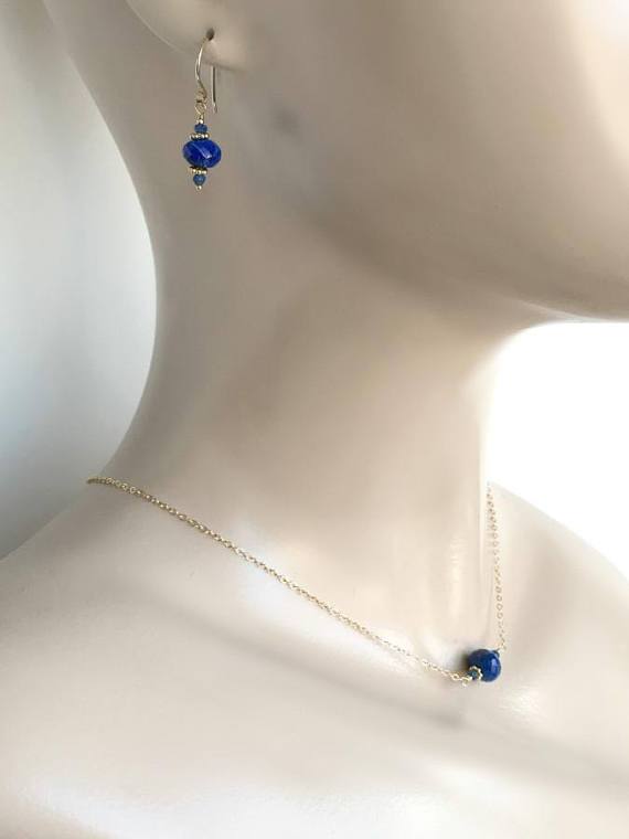 Cobalt Blue Lapis Gold Necklace Earrings Set - doolittlejewelry