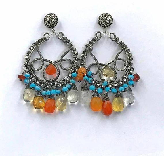 Mexican Fire Opal Turquoise Hoop Earrings - doolittlejewelry