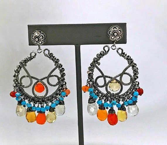 Mexican Fire Opal Turquoise Hoop Earrings - doolittlejewelry