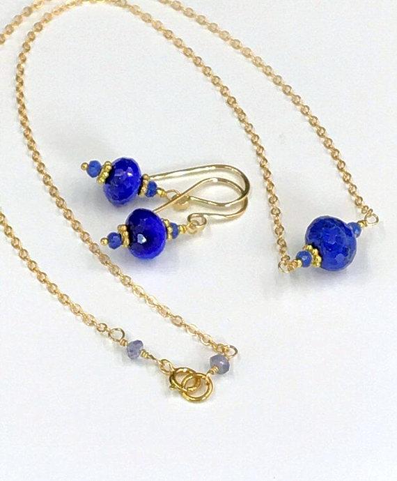 Cobalt Blue Lapis Gold Necklace Earrings Set - doolittlejewelry