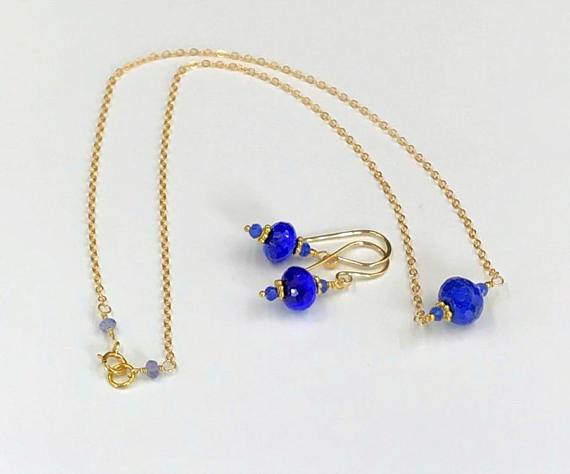 Cobalt Blue Lapis Gold Necklace Earrings Set - doolittlejewelry