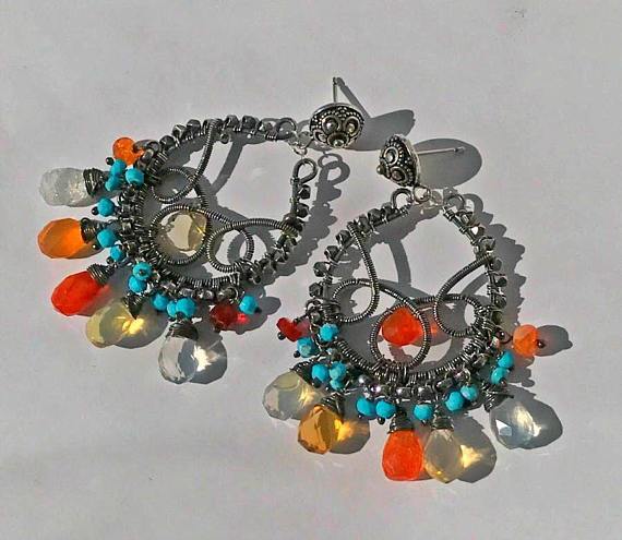 Mexican Fire Opal Turquoise Hoop Earrings - doolittlejewelry