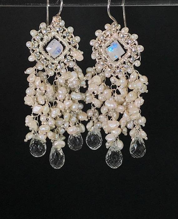 Moonstone and Pearl Chandelier Statement Bridal Wedding Earrings - doolittlejewelry