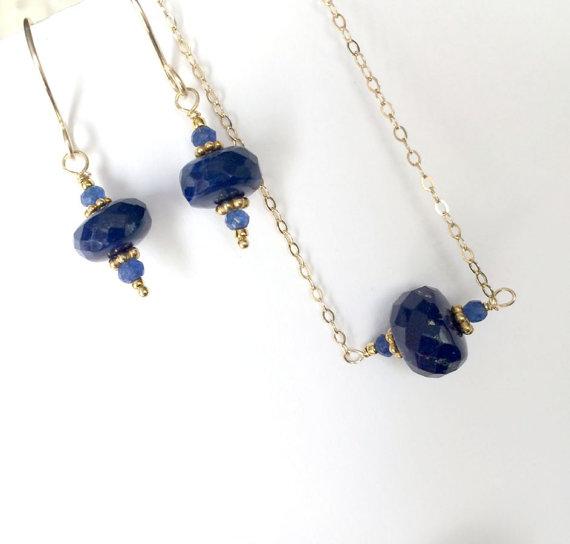 Cobalt Blue Lapis Gold Necklace Earrings Set - doolittlejewelry