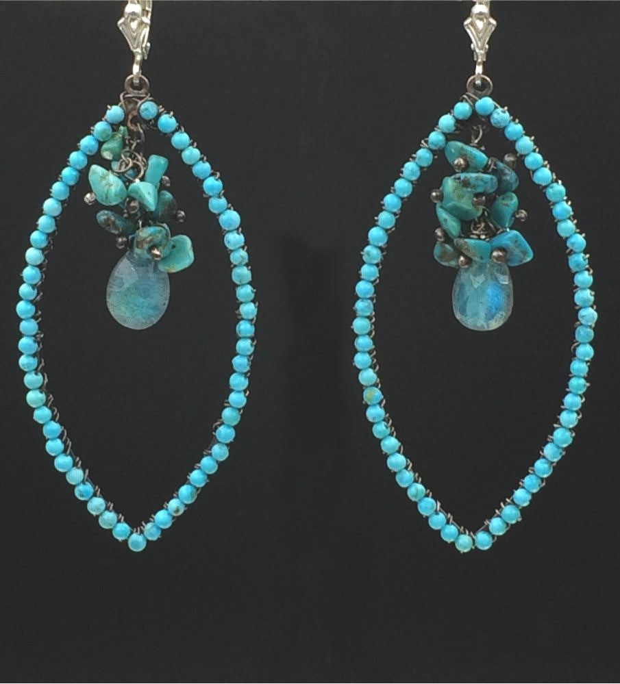 Oxidized Silver Turquoise Beaded Hoop Earrings - doolittlejewelry