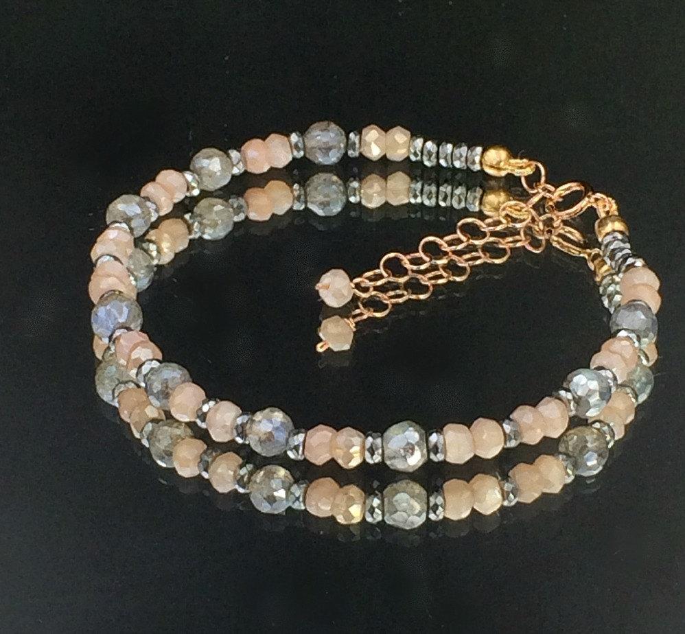 Labradorite Blush Moonstone Rose Gold Beaded Stacking Bracelet - doolittlejewelry