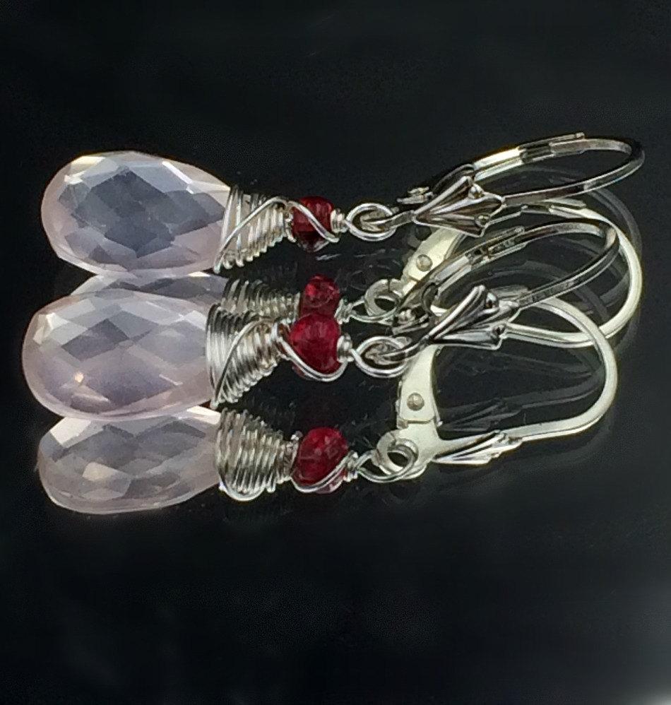 Pink Rose Quartz Briolette Wire Wrap Earrings Sterling Silver - doolittlejewelry