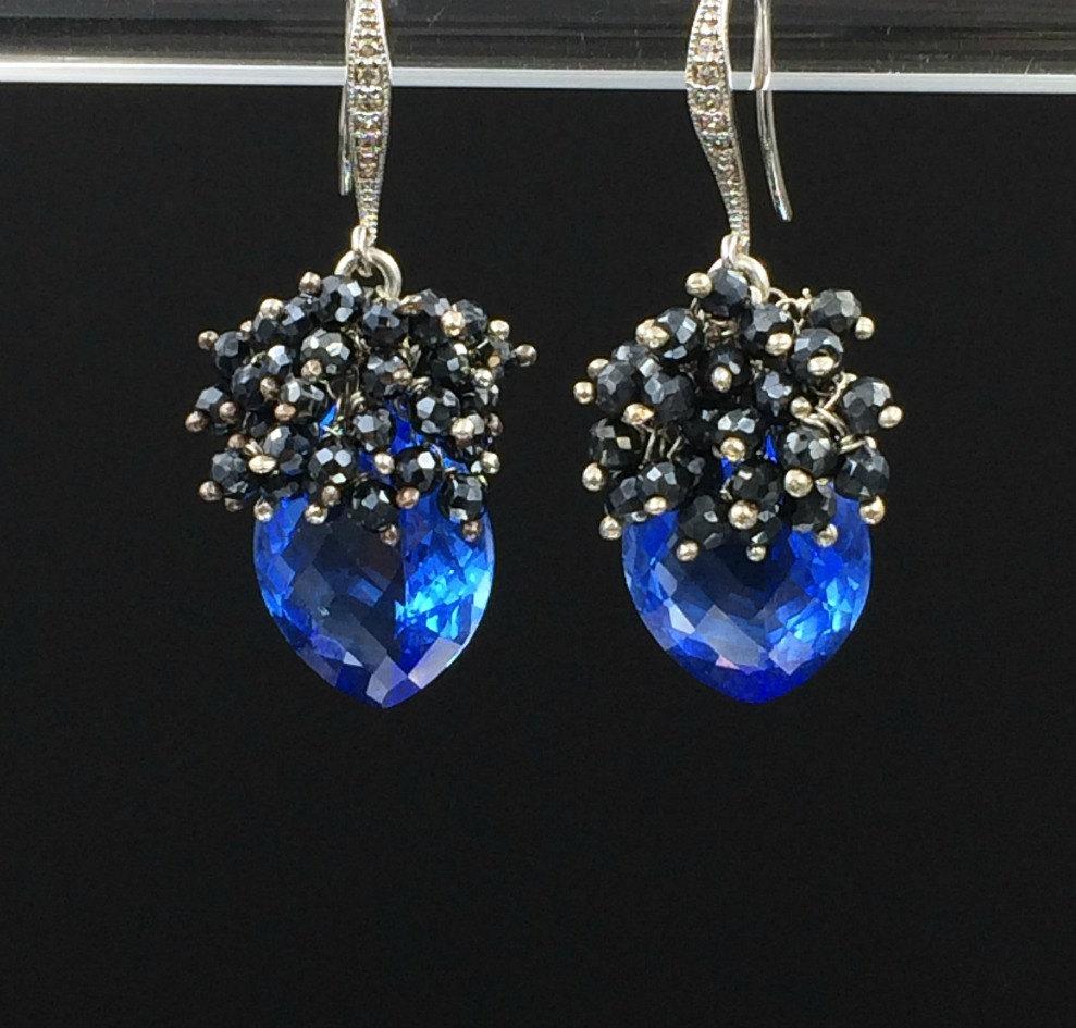 Blue Topaz and Black Spinel Cluster Earrings Sterling Silver - doolittlejewelry