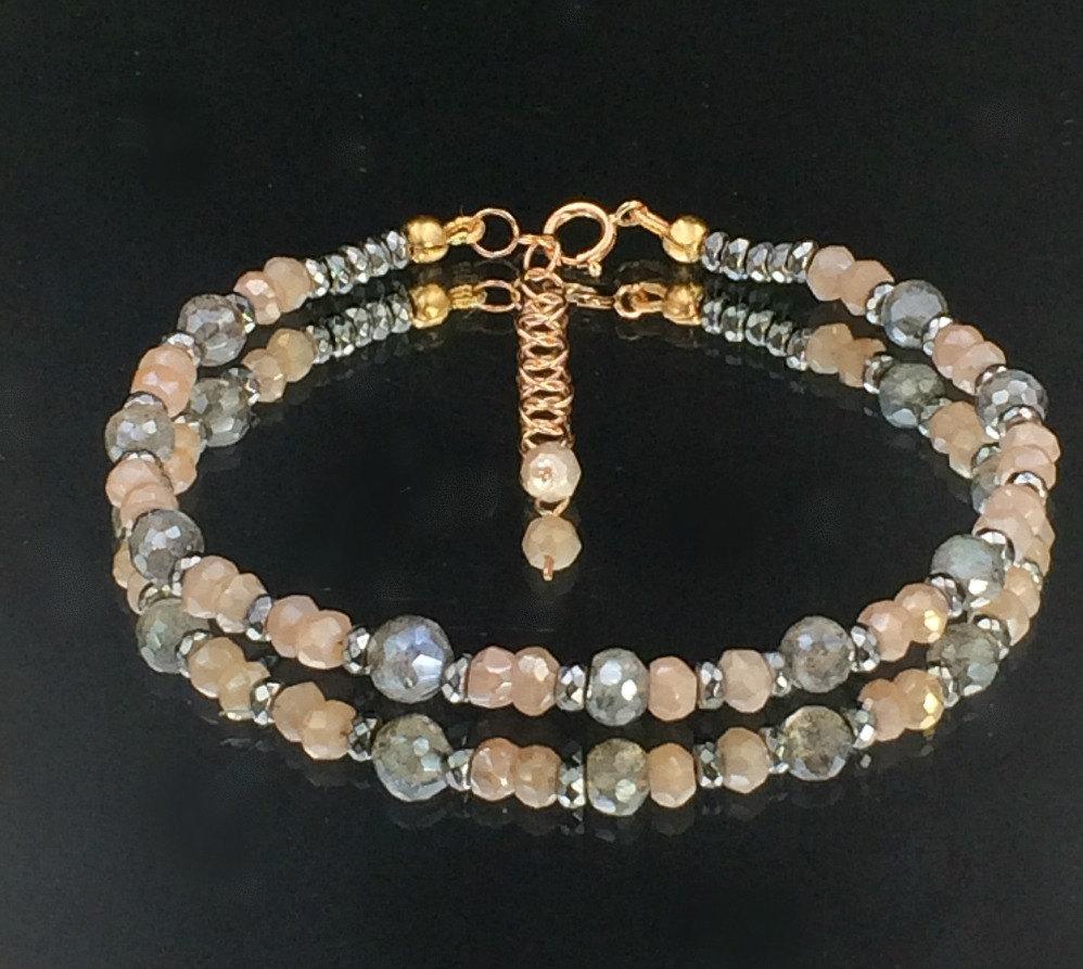 Labradorite Blush Moonstone Rose Gold Beaded Stacking Bracelet - doolittlejewelry