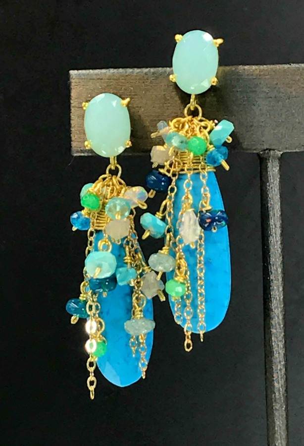 Turquoise, Opal, Colorful Gemstone Cluster Dangle Earrings - doolittlejewelry