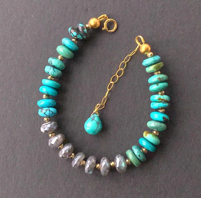 Turquoise Stack and Labradorite Adjustable Layering Bracelet - doolittlejewelry