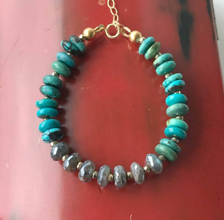 Turquoise Stack and Labradorite Adjustable Layering Bracelet - doolittlejewelry