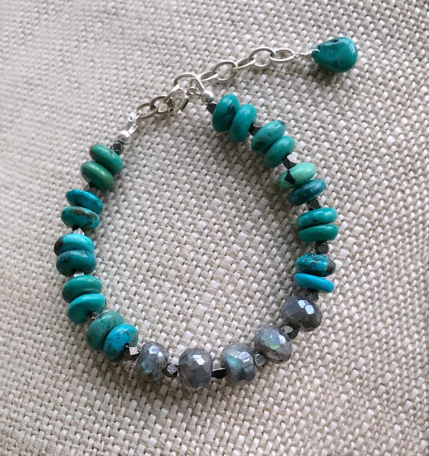 Turquoise, Sterling Silver and Grey Labradorite Adjustable Bracelet - doolittlejewelry