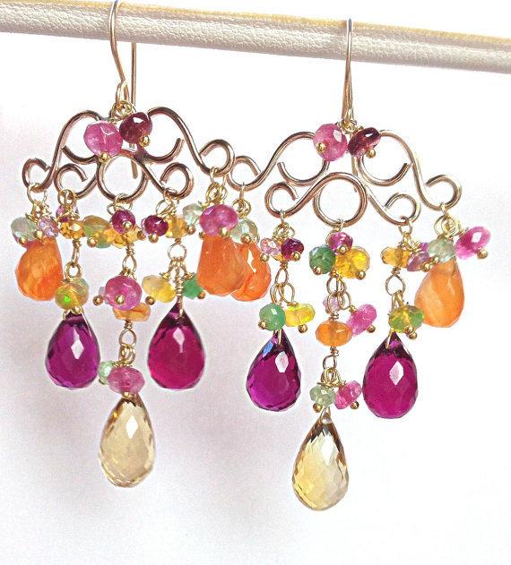 Gemstone Chandelier Gold Wire Wrap Earrings - doolittlejewelry