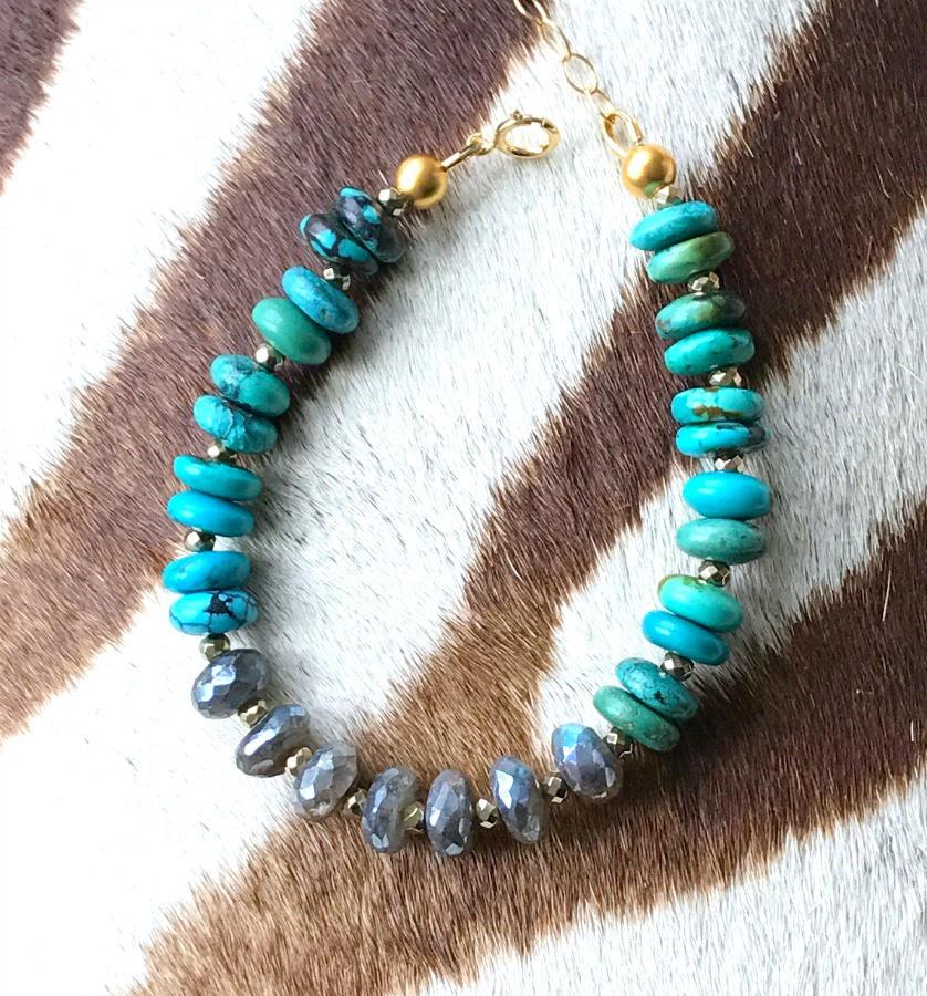 Turquoise Stack and Labradorite Adjustable Layering Bracelet - doolittlejewelry
