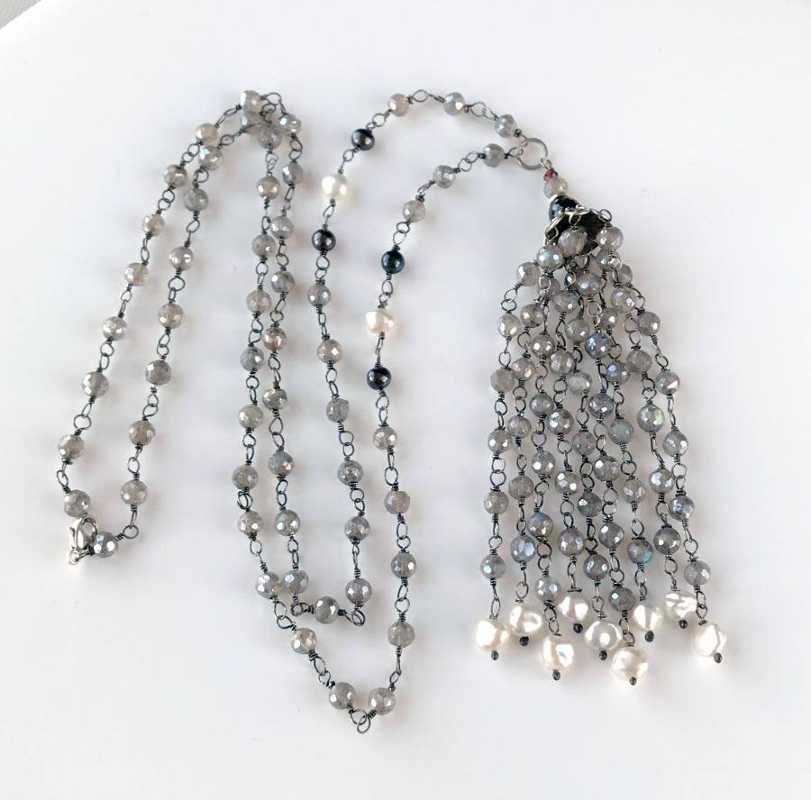 Mystic Labradorite Tassel Necklace Wire Wrapped - doolittlejewelry