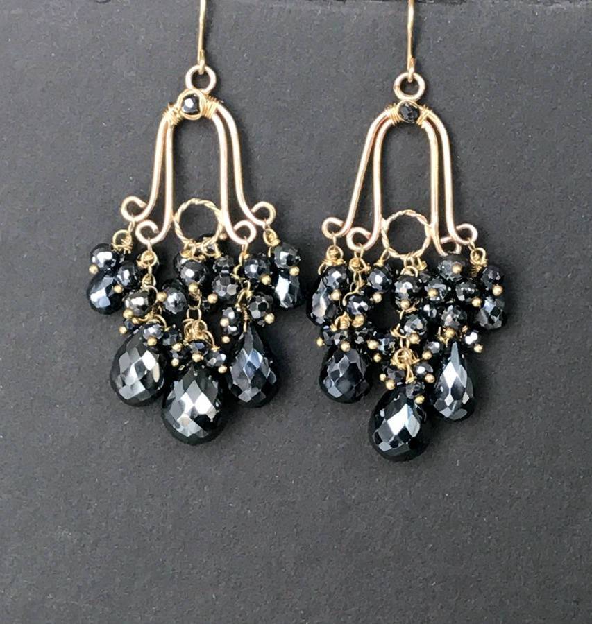 Gemstone Black Spinel Gold Fill Handmade Chandelier Earrings - doolittlejewelry