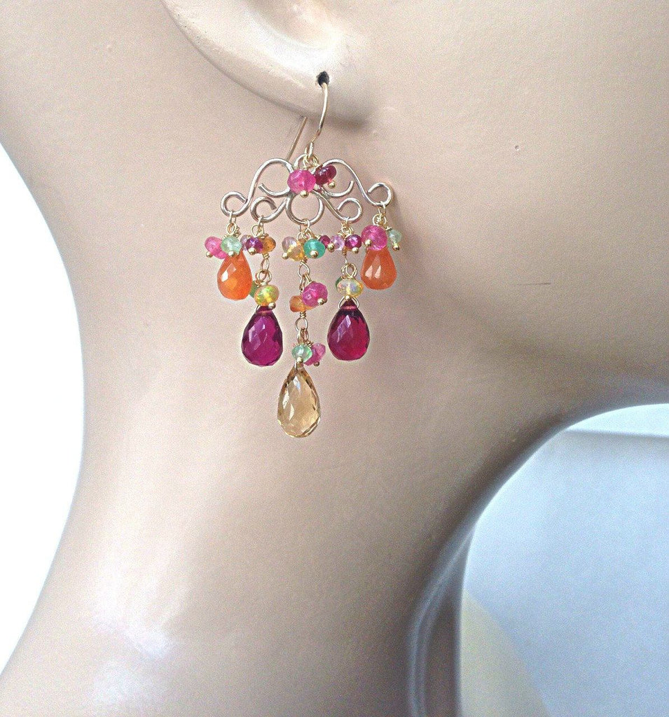 Gemstone Chandelier Gold Wire Wrap Earrings - doolittlejewelry