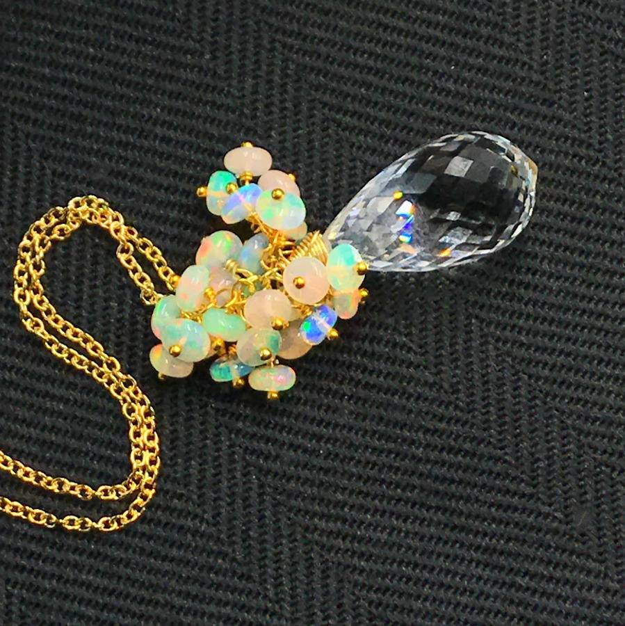 Clear Crystal Quartz Opal Cluster Pendant Necklace - doolittlejewelry
