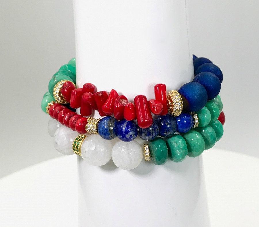 Red White Blue Green Layering Bracelets Set of 3 - doolittlejewelry