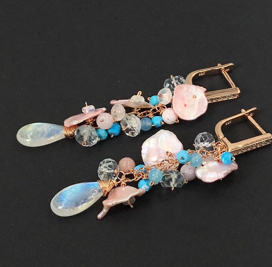 Moonstone and Blush Keishi Pearl Pastel Cascade Dangle Earrings - doolittlejewelry