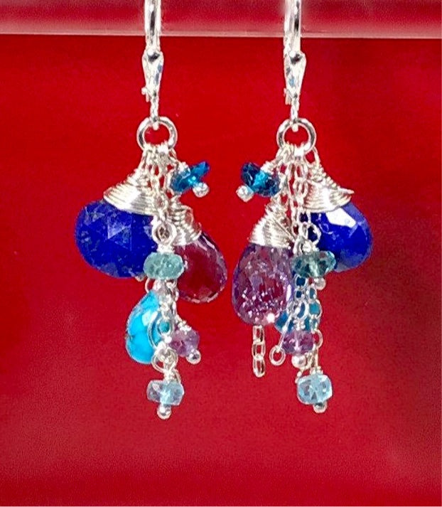 Amethyst Blue Lapis Dangle Gemstone Sterling Silver Earrings - doolittlejewelry