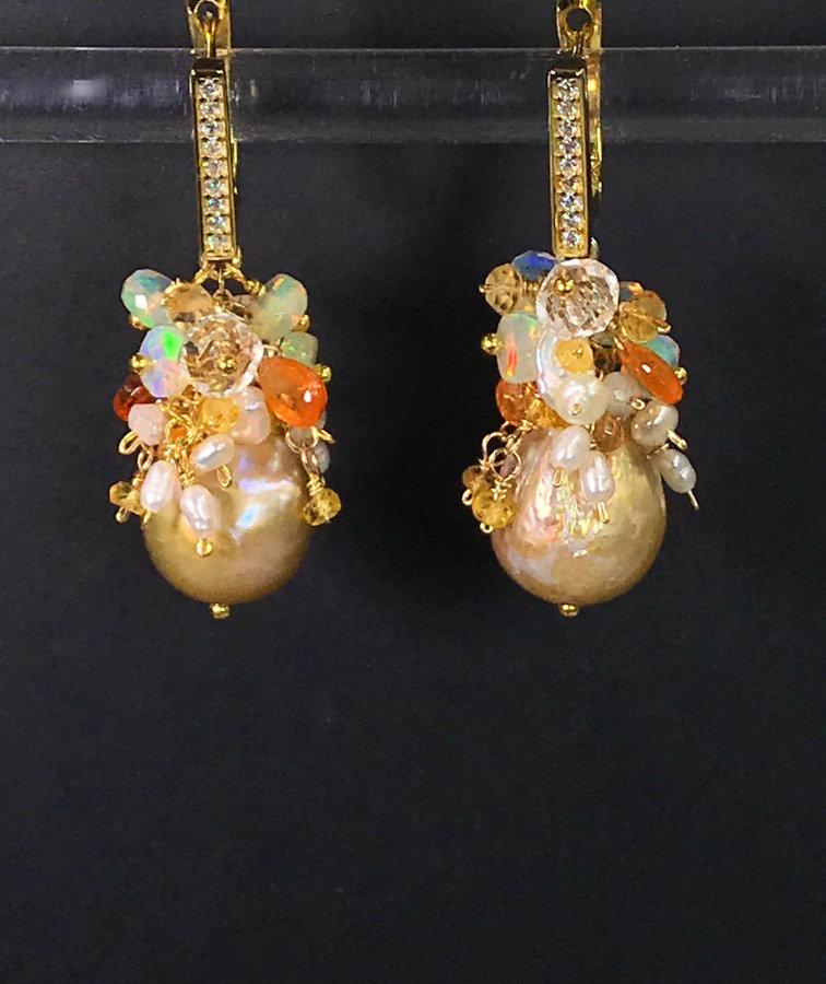 Pondslime Baroque Pearl and Gemstone Cluster Earring - doolittlejewelry