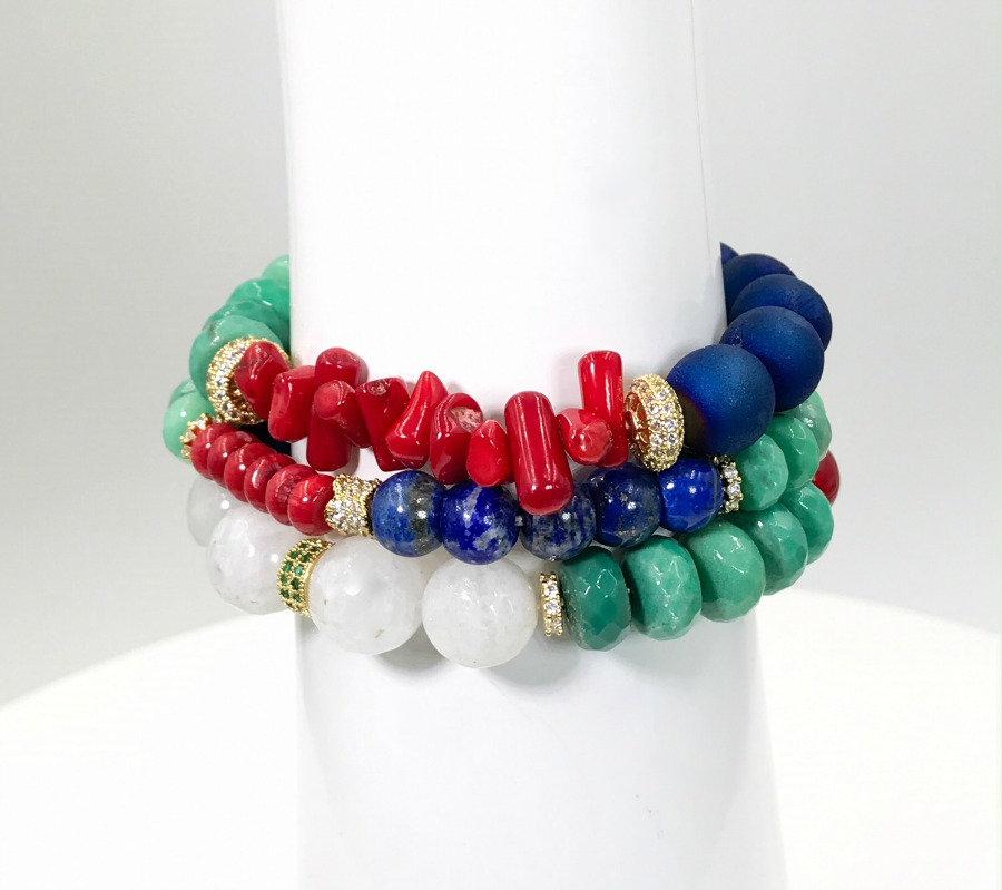 Red White Blue Green Layering Bracelets Set of 3 - doolittlejewelry