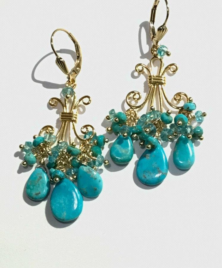 Turquoise Gemstone Chandelier Gold Earrings - doolittlejewelry