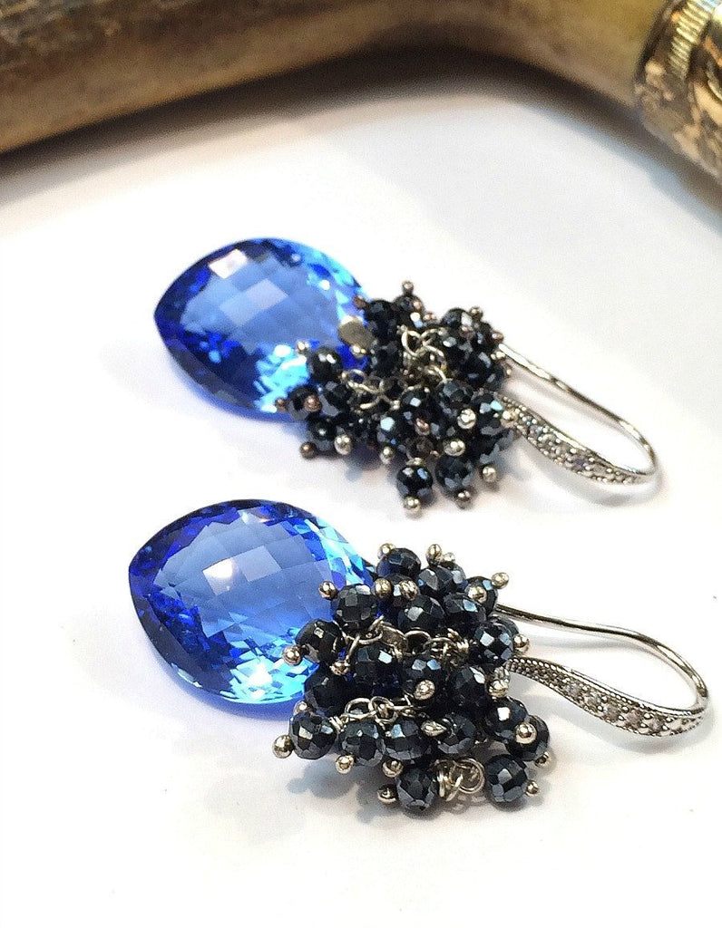 Blue Topaz and Black Spinel Cluster Earrings Sterling Silver - doolittlejewelry
