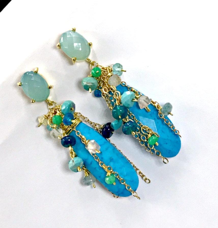 Turquoise, Opal, Colorful Gemstone Cluster Dangle Earrings - doolittlejewelry