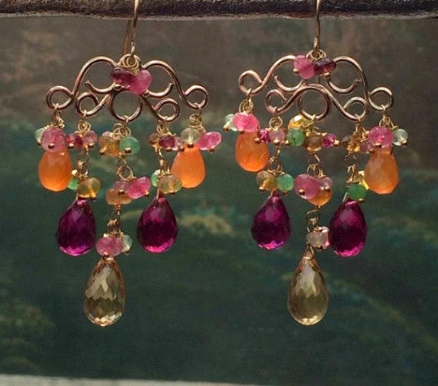 Gemstone Chandelier Gold Wire Wrap Earrings - doolittlejewelry