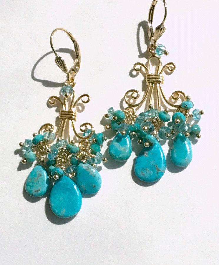 Turquoise Gemstone Chandelier Gold Earrings - doolittlejewelry