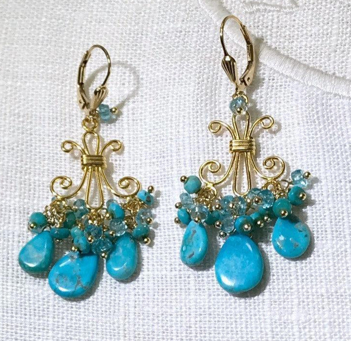 Turquoise Gemstone Chandelier Gold Earrings - doolittlejewelry